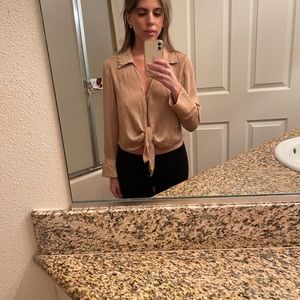 VDV Tan Long Sleeve Tie Crop Blouse Size XS